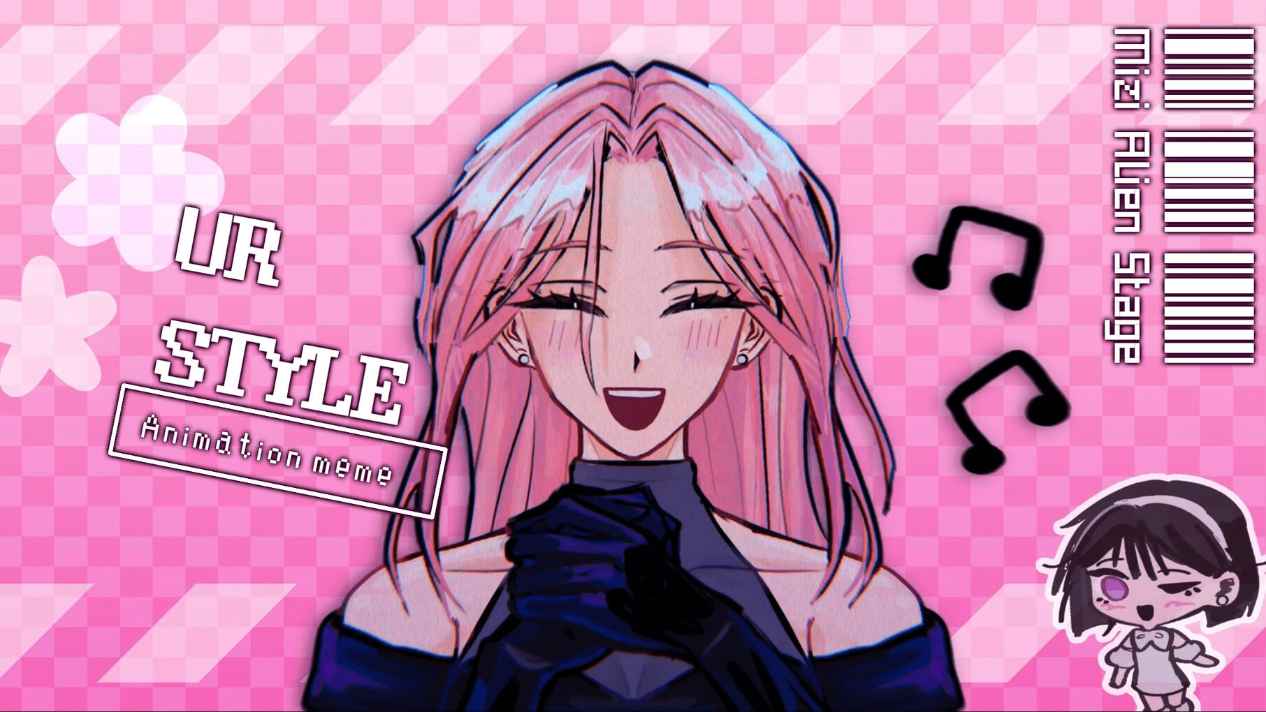 Simply rendered Mizi bust-up thumbnail - abstract background + chibi Sua