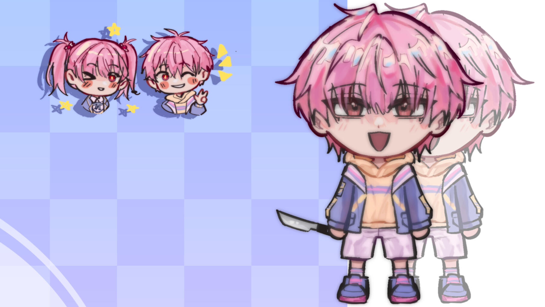 Fully rendered - chibi fullybody - abstract background + 2 simply colored chibi headshots