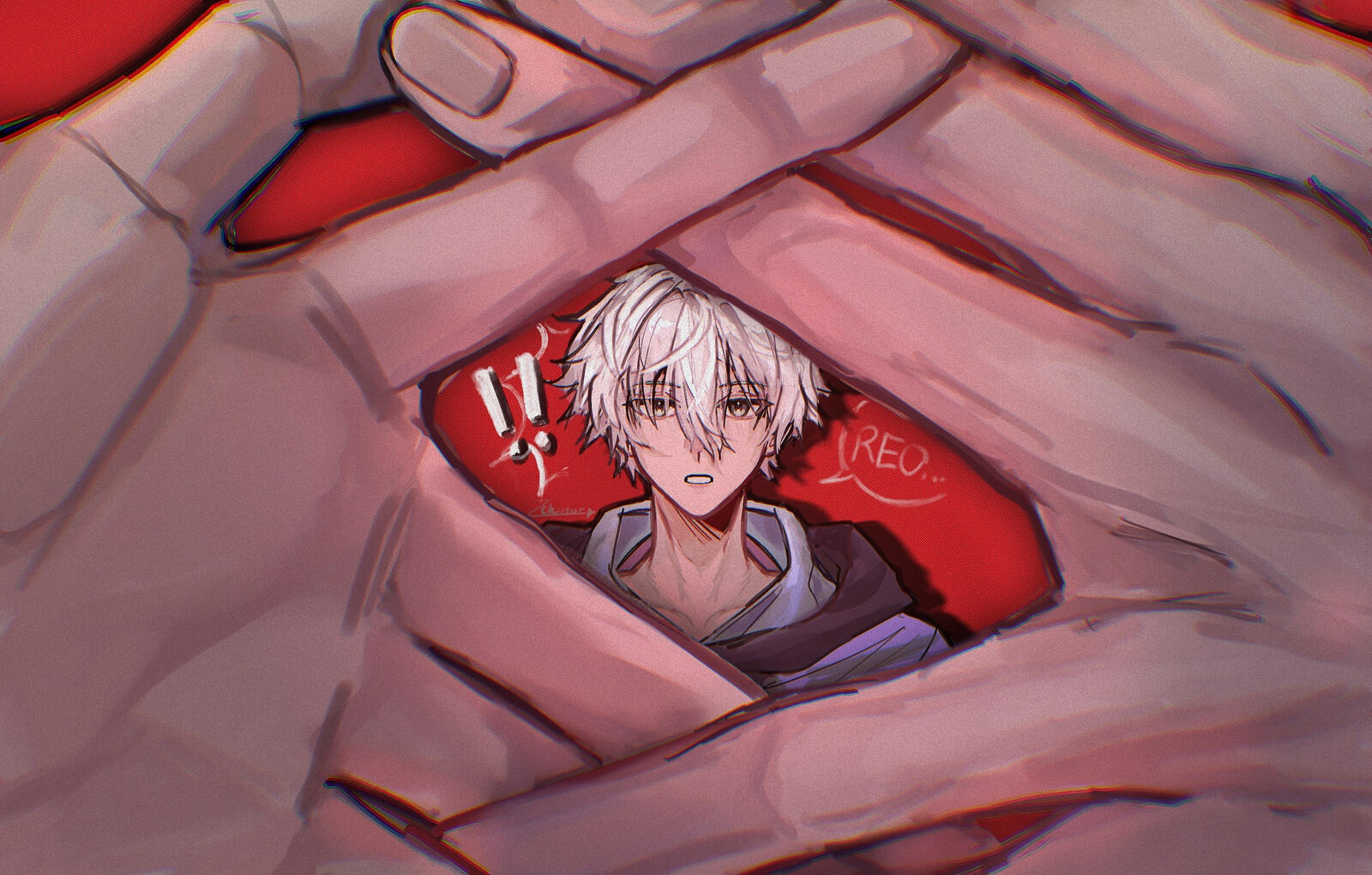 Fully rendered headshot of Nagi (the hands belong to reo) - plain background