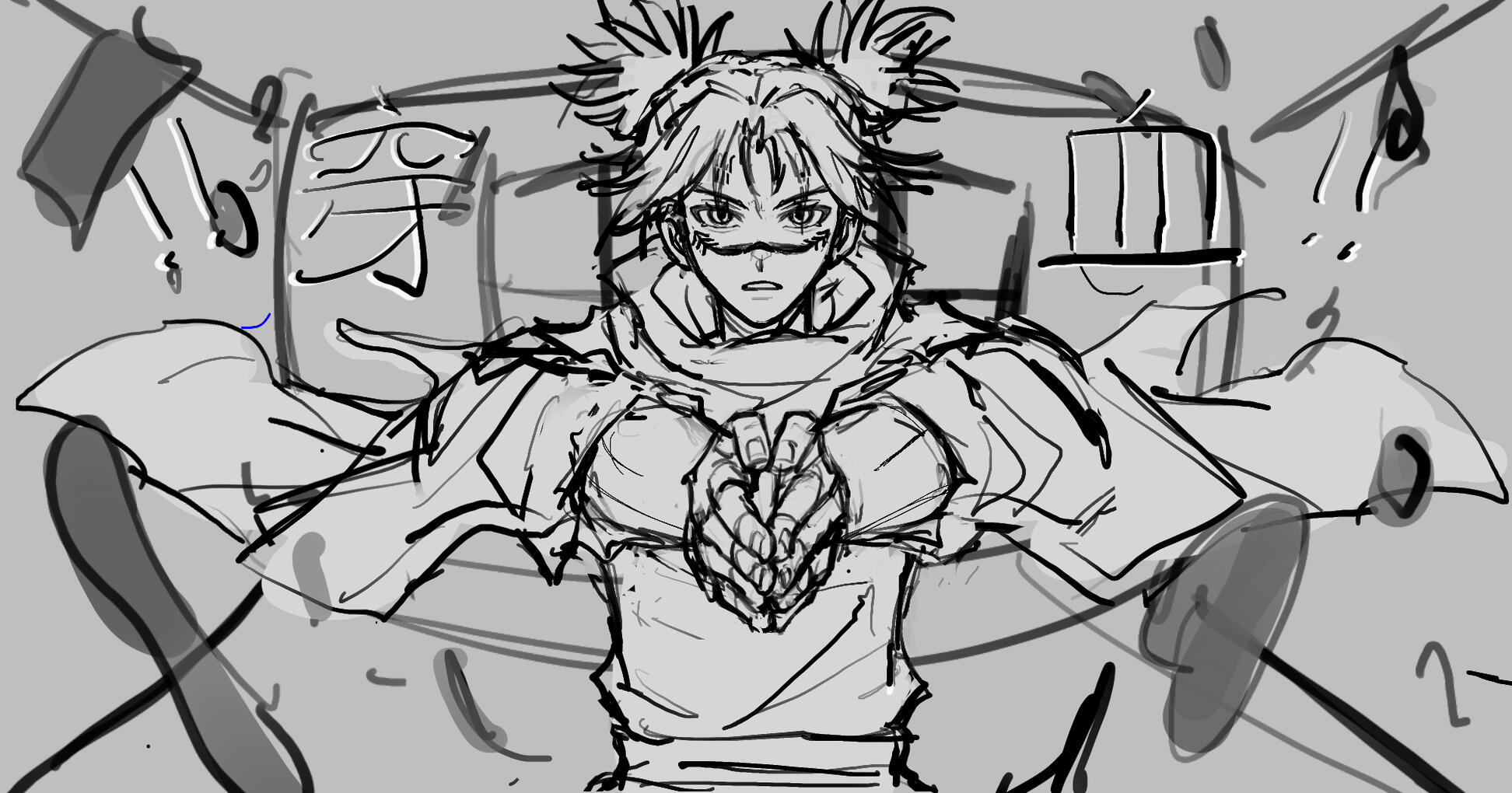 Choso halfbody - clean sketch (lineart) - abstract background/unfinished scenery background